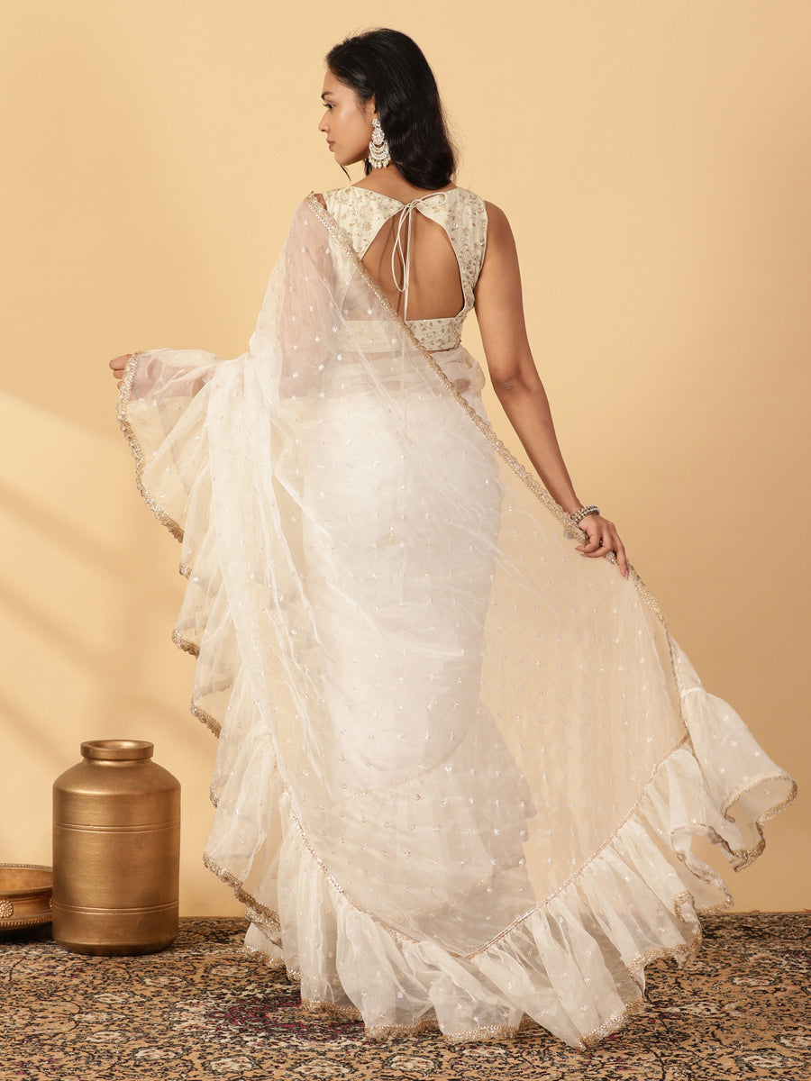Oyster White Organza Sequin Butta Ruffle Saree With Designer Lace, in White Sequin Organza, made for party & festive (view 2).