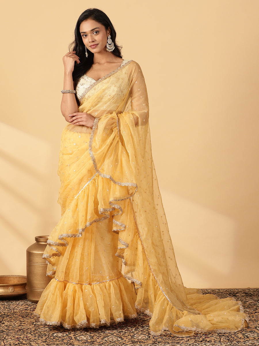 Gold Organza Sequin Butta Ruffle Saree With Designer Lace, in Cream Sequin Organza, made for party & festive.