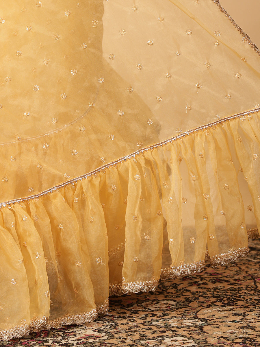 Gold Organza Sequin Butta Ruffle Saree With Designer Lace, in Cream Sequin Organza, made for party & festive (view 5).