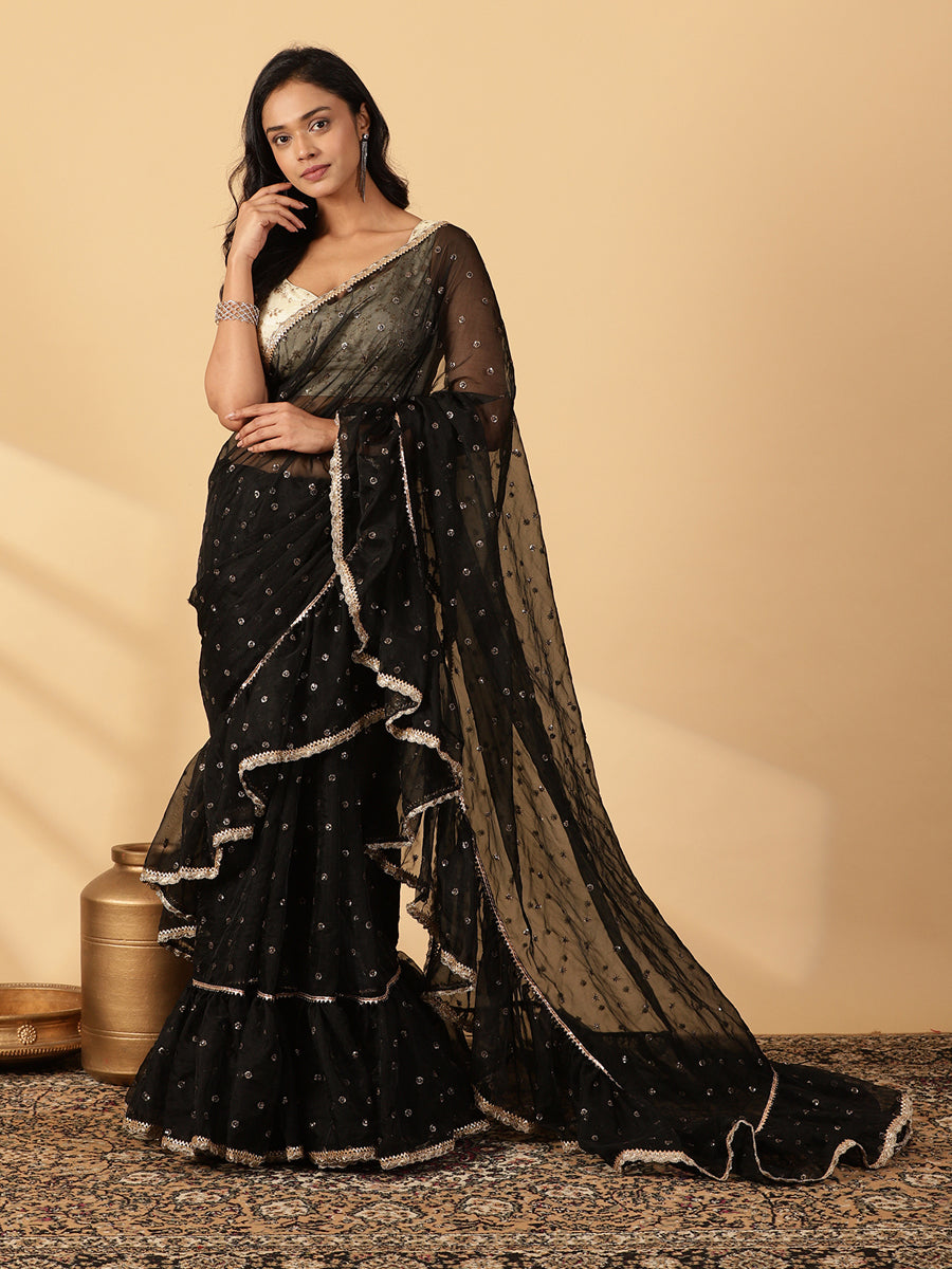 Black Organza Sequin Butta Ruffle Saree With Designer Lace