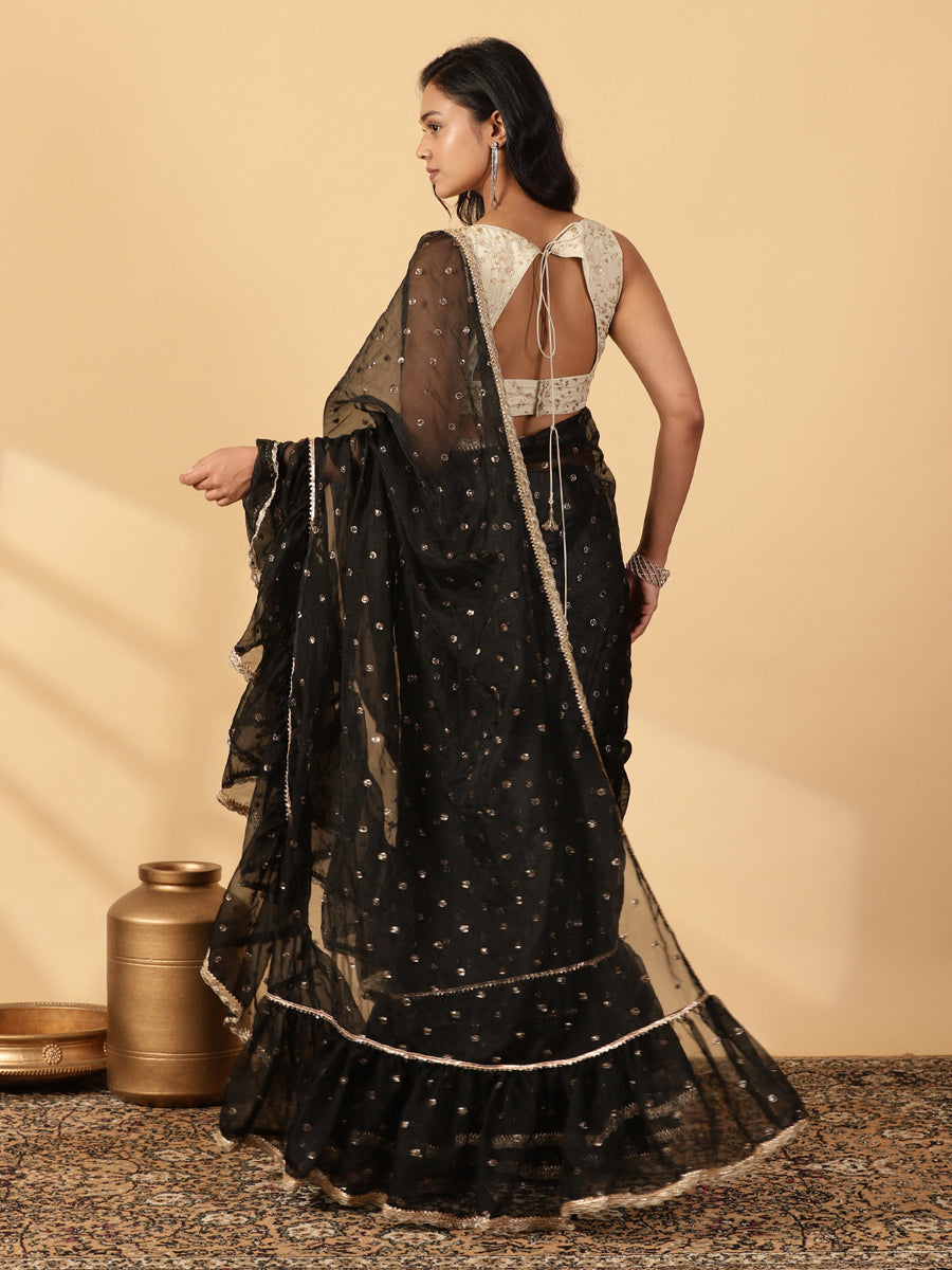 Black Organza Sequin Butta Ruffle Saree With Designer Lace, in Black Sequin Organza, made for party & festive (view 2).