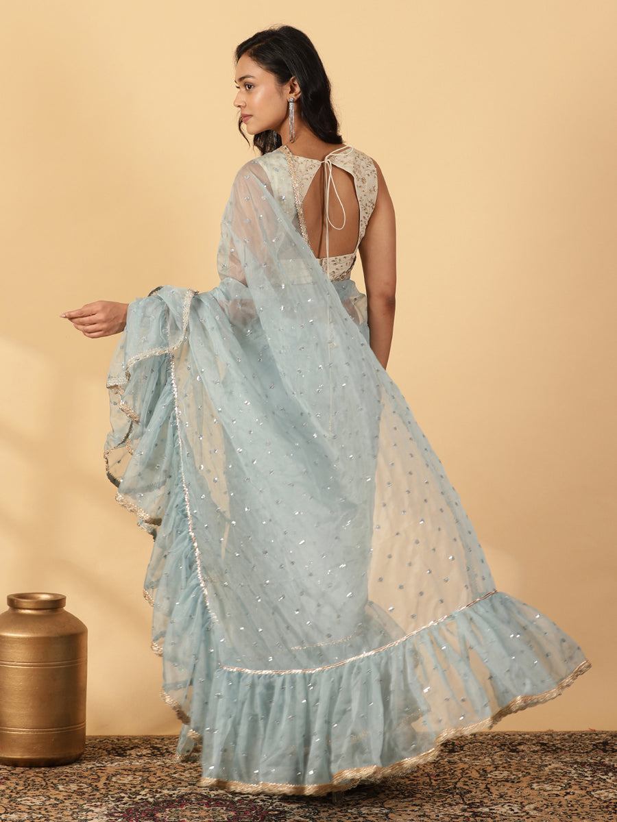 Mint Blue Organza Sequin Butta Ruffle Saree With Designer Lace, in Blue Sequin Organza, made for party & festive (view 2).