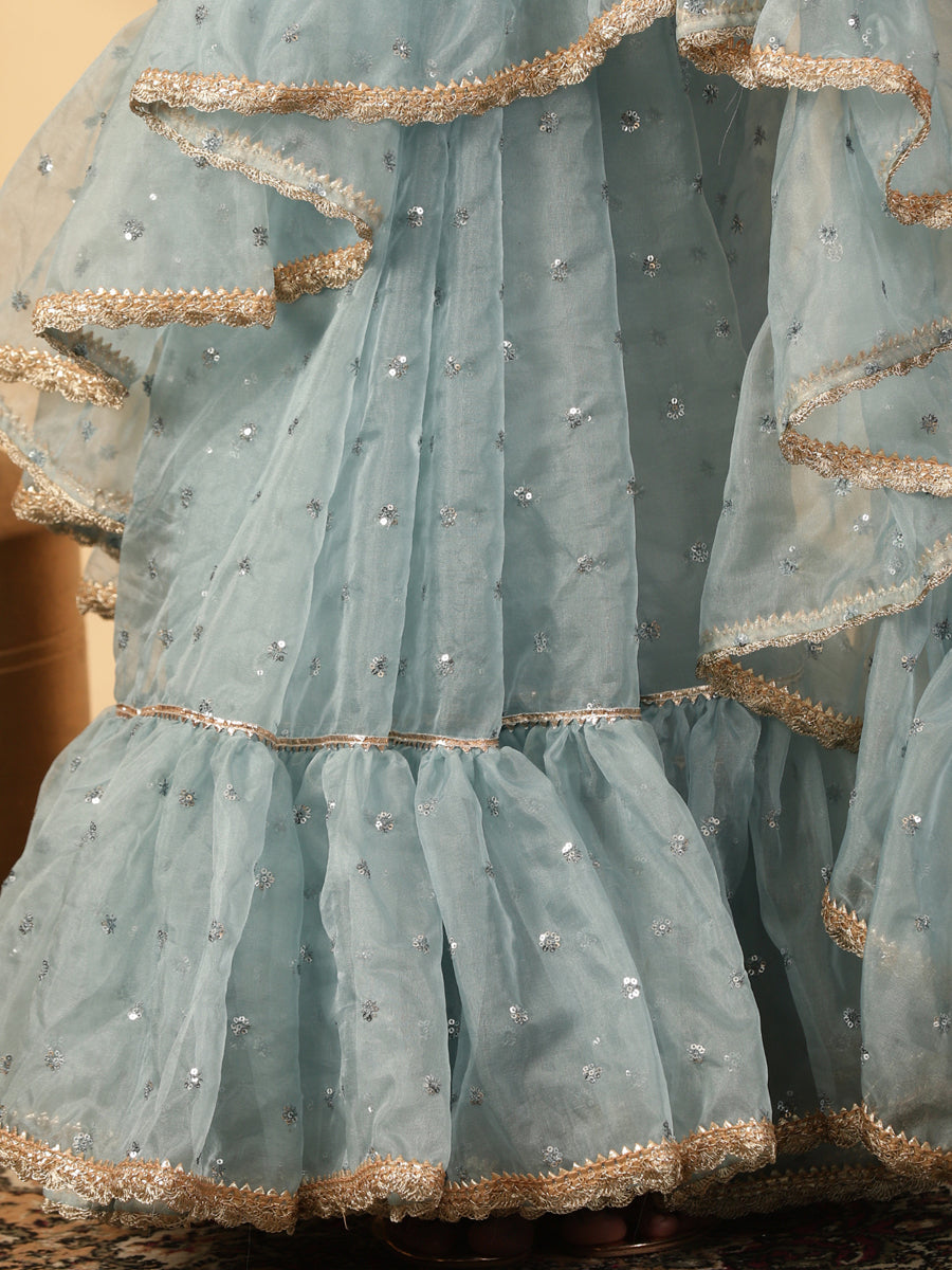 Mint Blue Organza Sequin Butta Ruffle Saree With Designer Lace, in Blue Sequin Organza, made for party & festive (view 4).