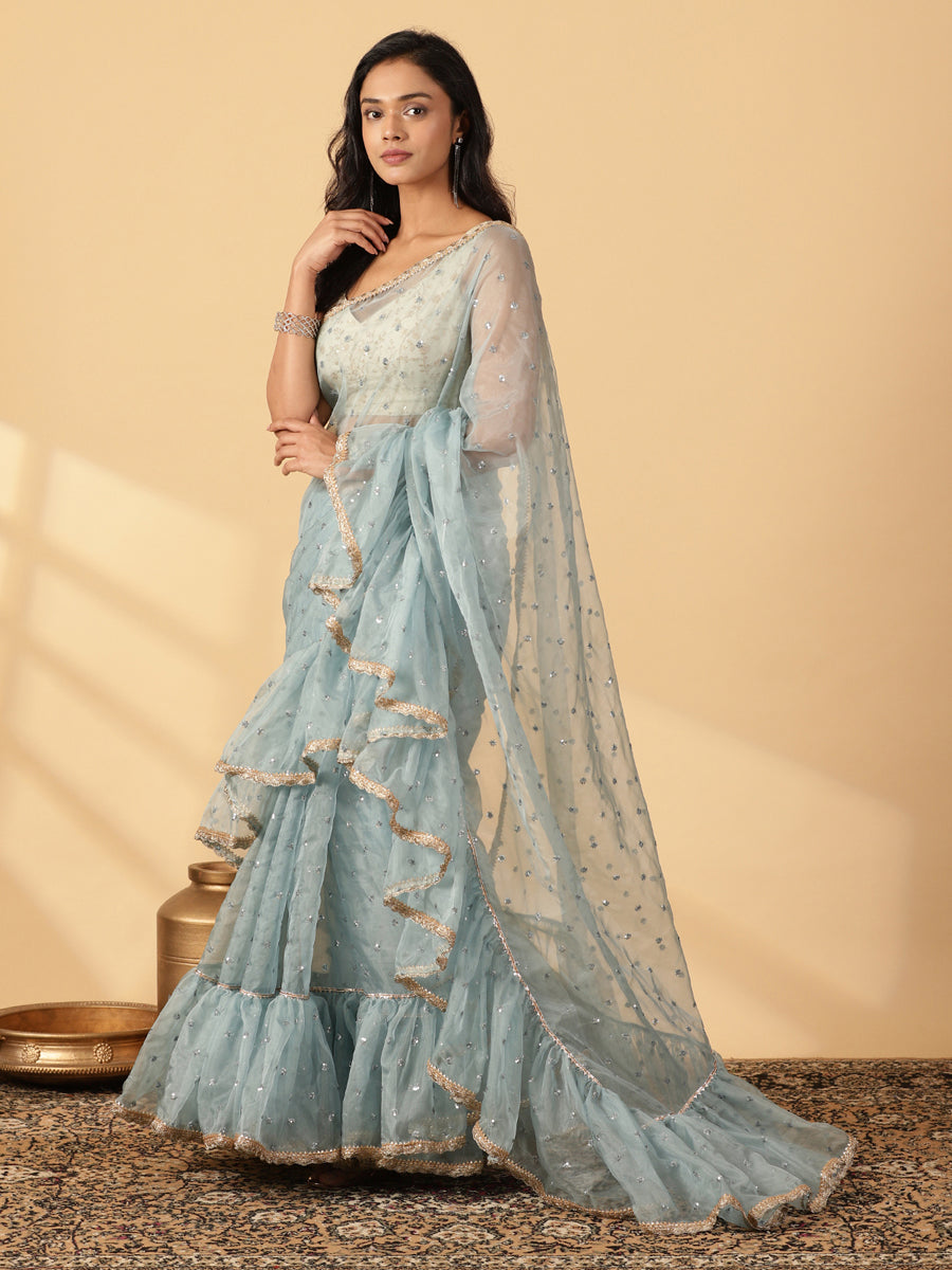 Mint Blue Organza Sequin Butta Ruffle Saree With Designer Lace, in Blue Sequin Organza, made for party & festive (view 7).