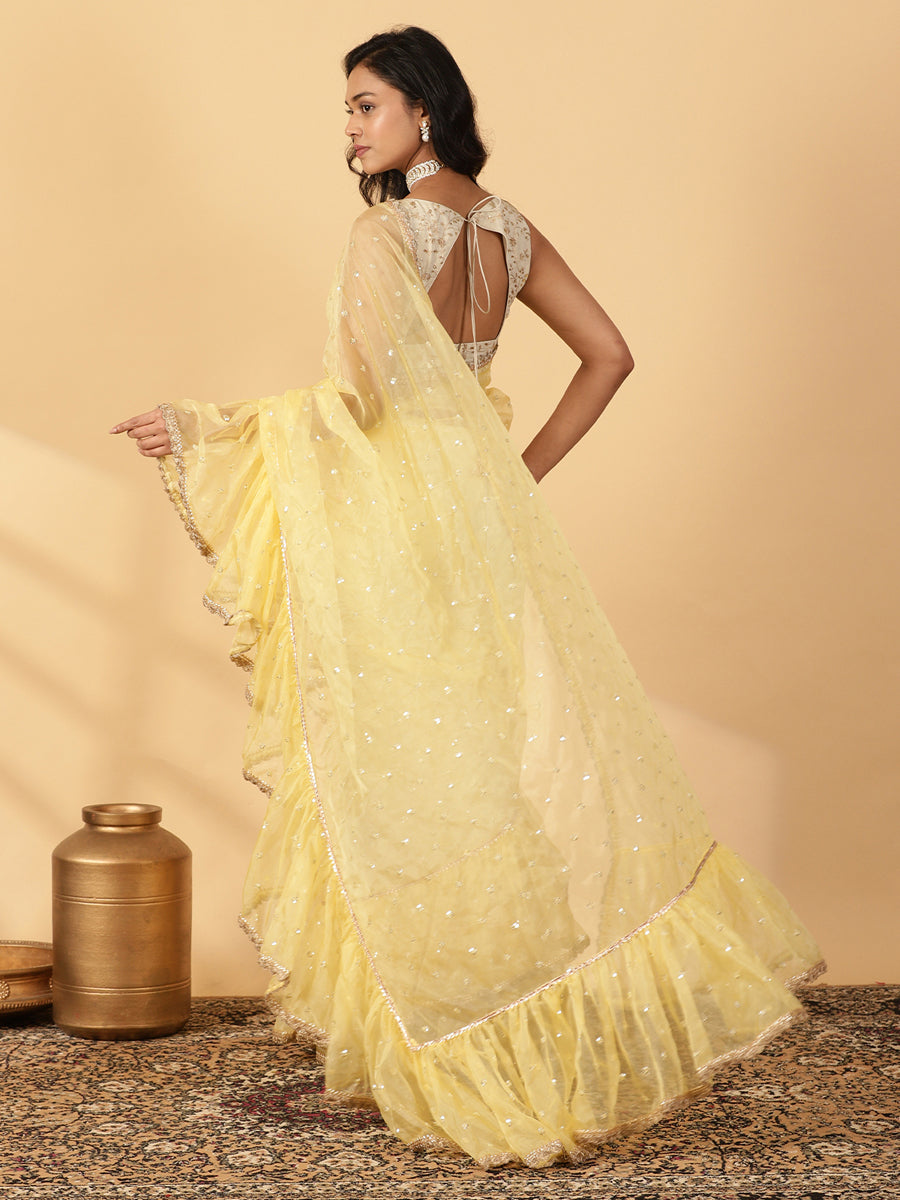 Light Yellow Organza Sequin Butta Ruffle Saree With Designer Lace, in Yellow Sequin Organza, made for party & festive (view 2).