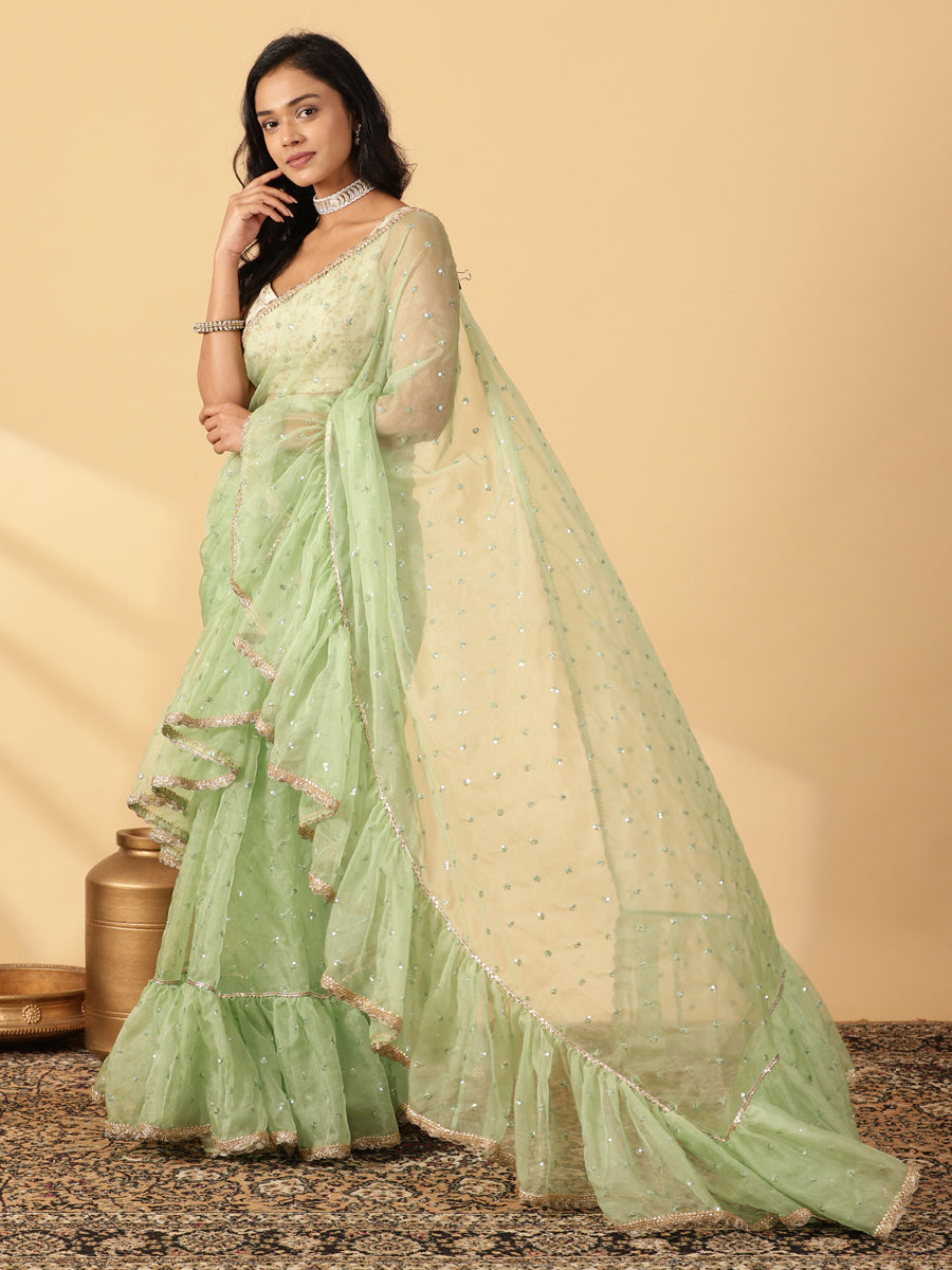 Green Organza Sequin Butta Ruffle Saree With Designer Lace, in Green Sequin Organza, made for party & festive (view 5).