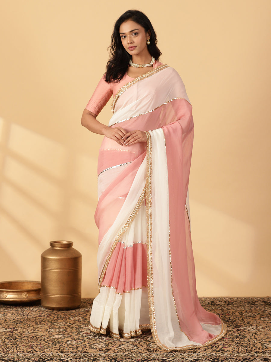 Cloudy Pink & Frost White Viscose Organza Multi Panelled Saree With Designer Lace