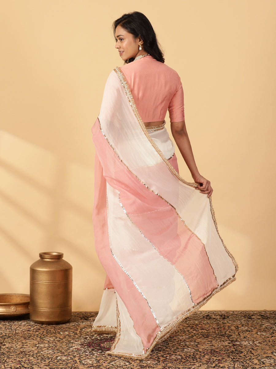 Cloudy Pink & Frost White Viscose Organza Multi Panelled Saree With Designer Lace, in Pink Viscose Organza (view 2).