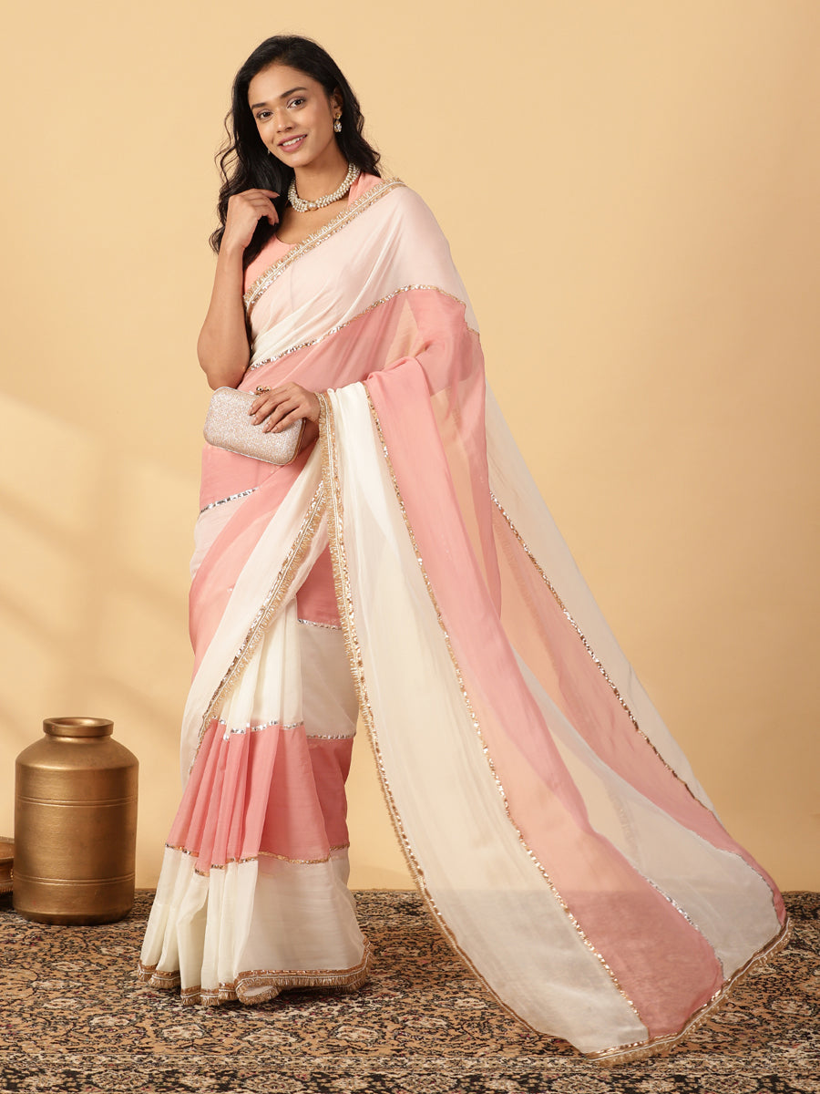 Cloudy Pink & Frost White Viscose Organza Multi Panelled Saree With Designer Lace, in Pink Viscose Organza (view 3).