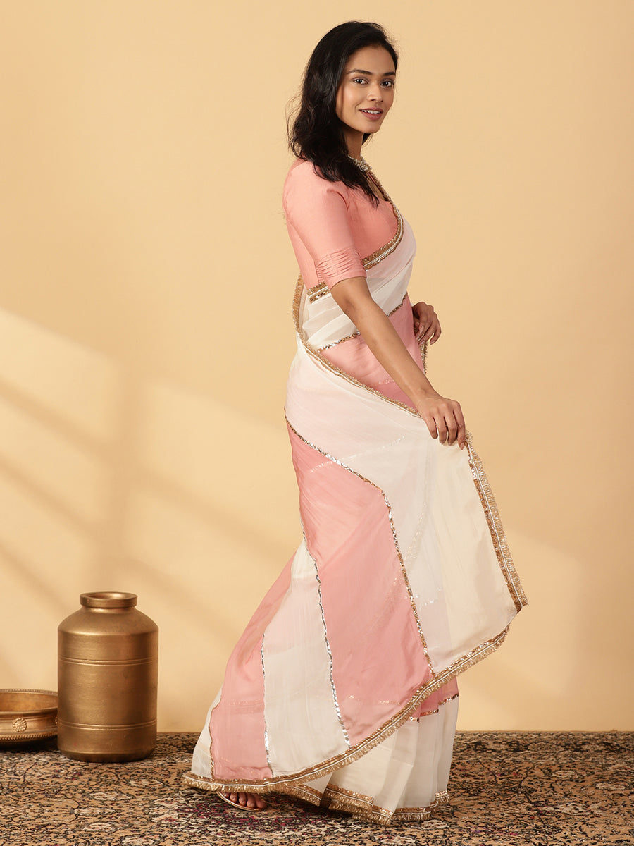 Cloudy Pink & Frost White Viscose Organza Multi Panelled Saree With Designer Lace, in Pink Viscose Organza (view 7).