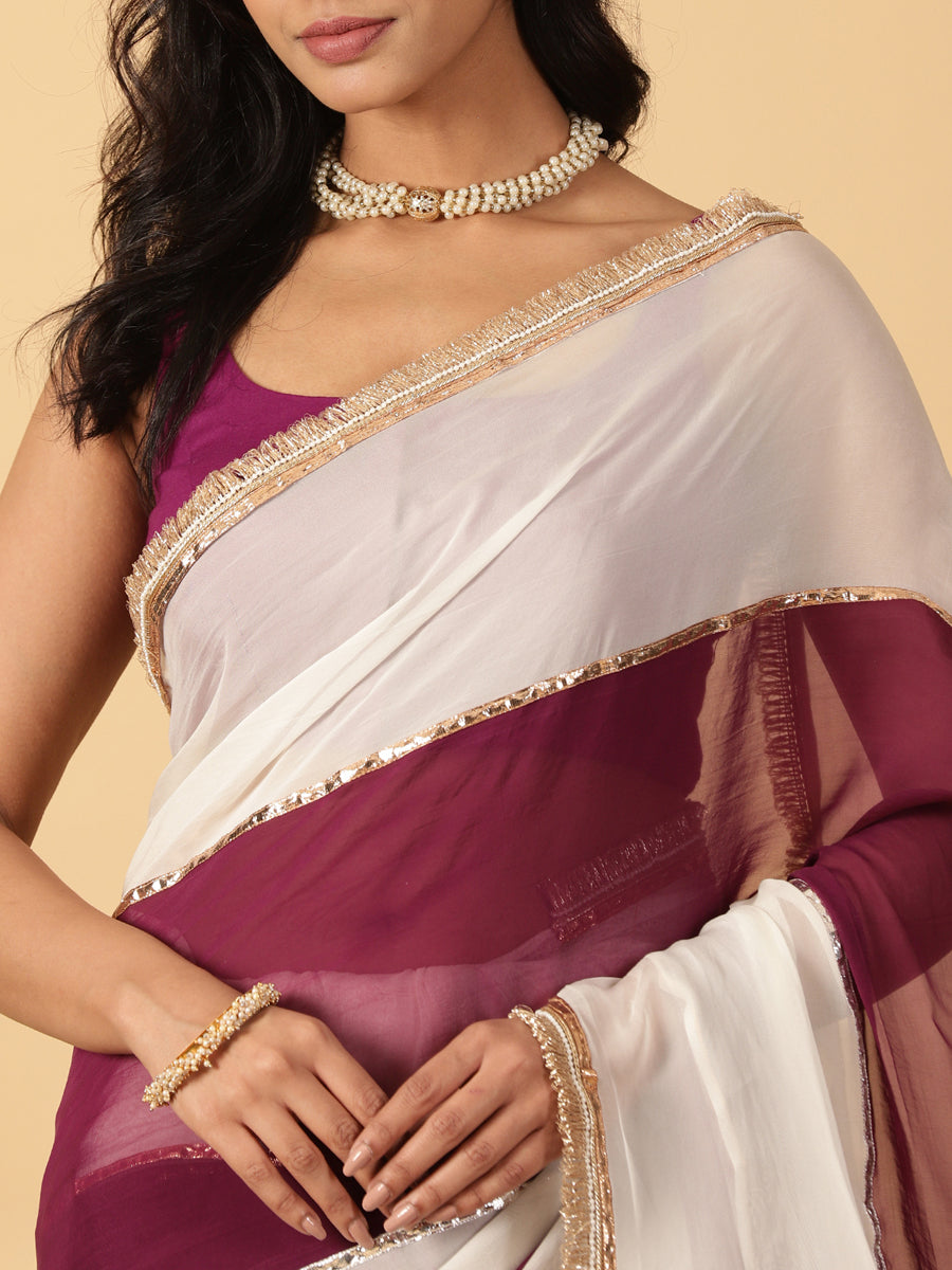 Velvet Plum & Frost White Viscose Organza Multi Panelled Saree With Designer Lace, in Maroon Viscose Organza (view 4).