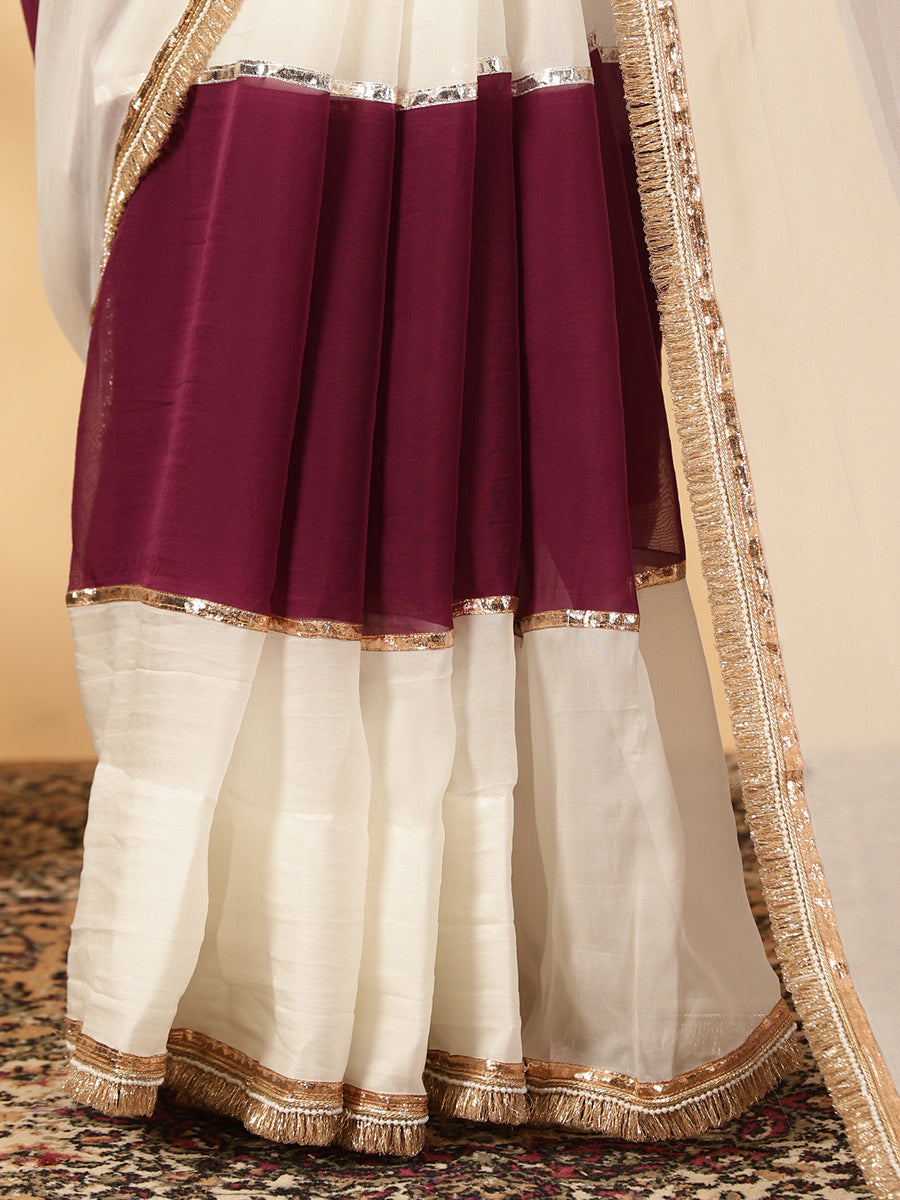 Velvet Plum & Frost White Viscose Organza Multi Panelled Saree With Designer Lace, in Maroon Viscose Organza (view 5).