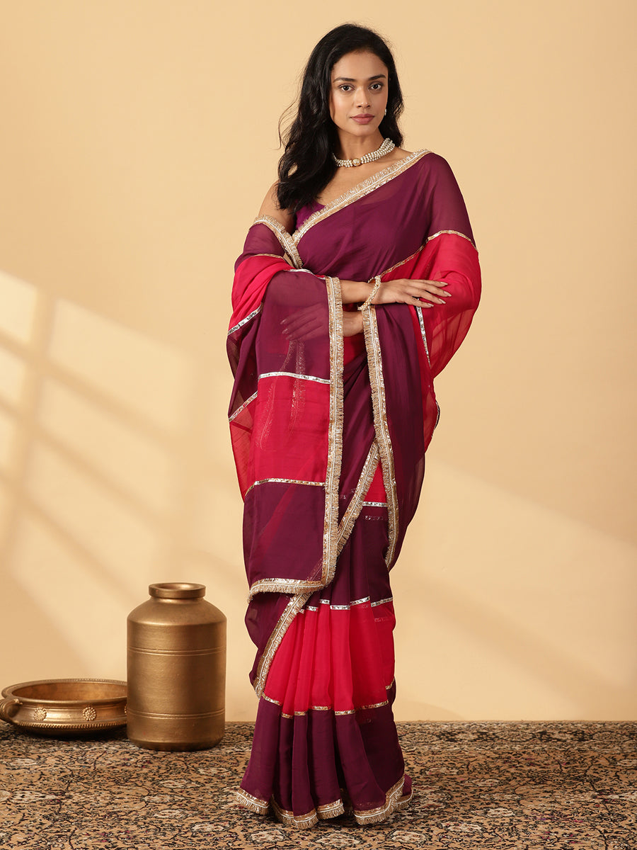 Velvet Plum & Pink Rush Viscose Organza Multi Panelled Saree With Designer Lace, in Pink Viscose Organza (view 3).