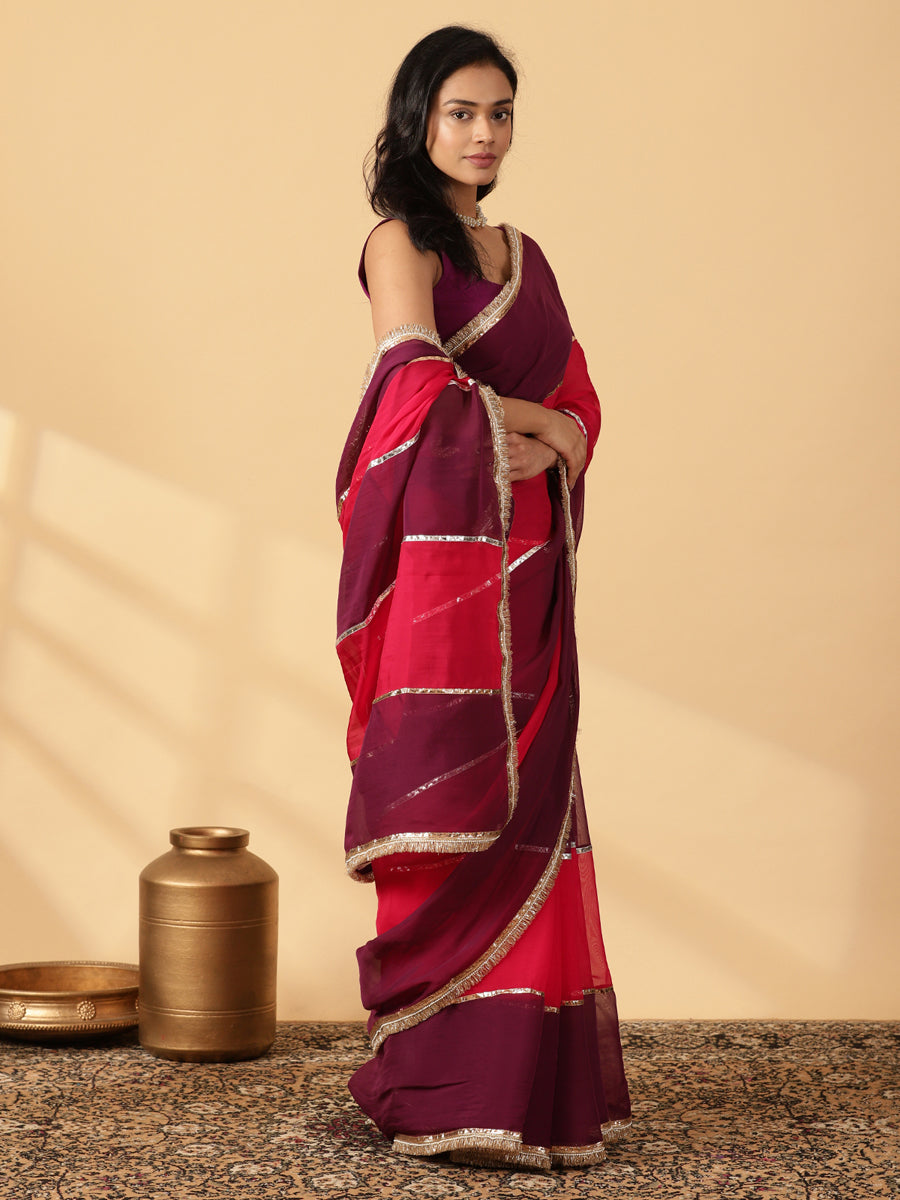 Velvet Plum & Pink Rush Viscose Organza Multi Panelled Saree With Designer Lace, in Pink Viscose Organza (view 7).