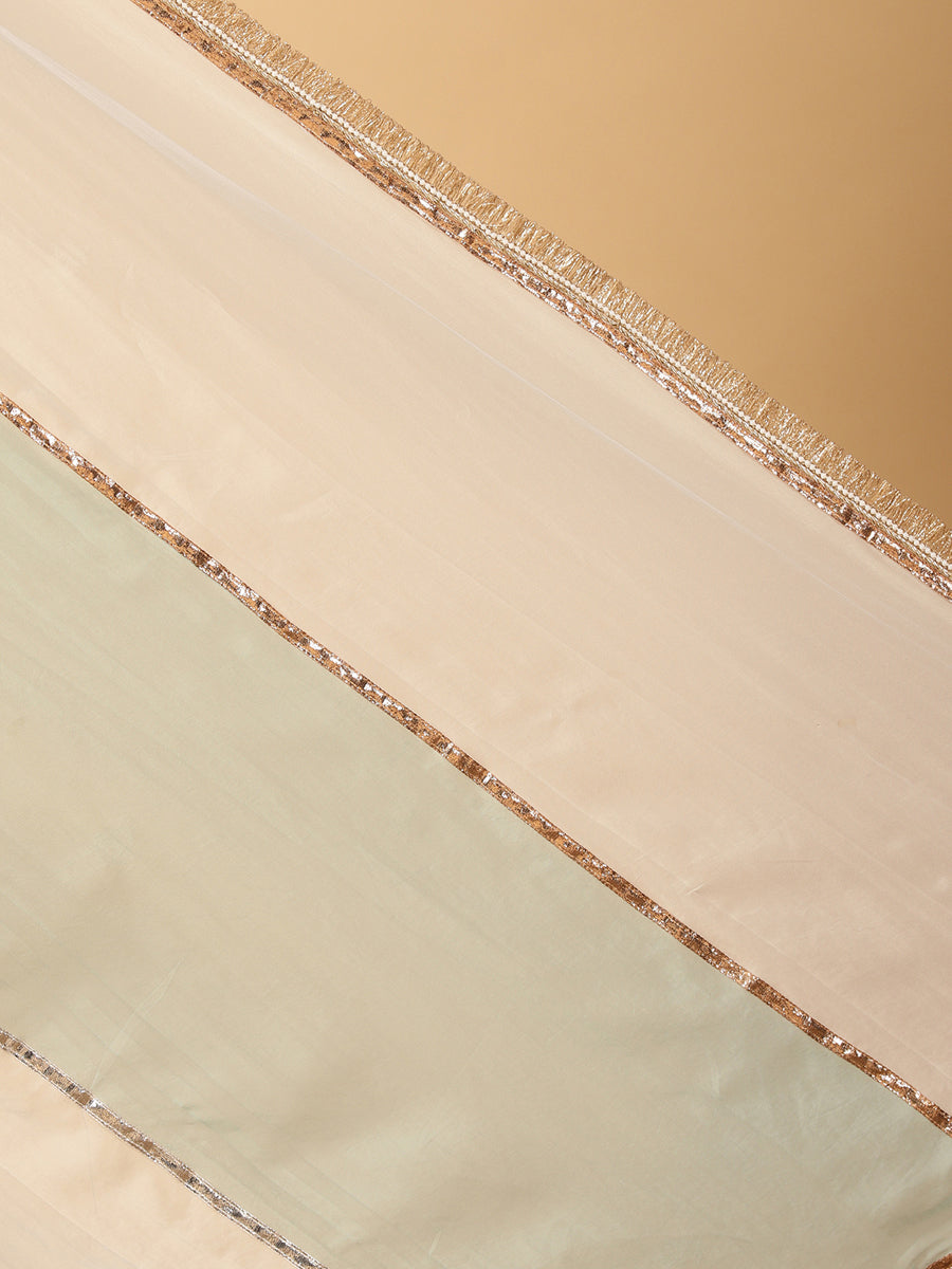 Powder Blue & Frost White Viscose Organza Multi Panelled Saree With Designer Lace, in Blue Viscose Organza (view 6).