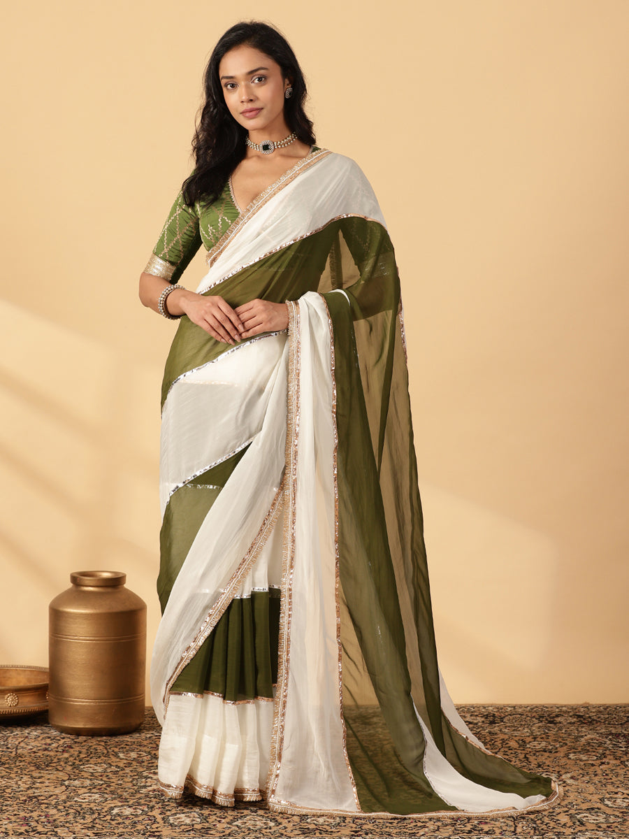 Harvest Green & Frost White Viscose Organza Multi Panelled Saree With Designer Lace