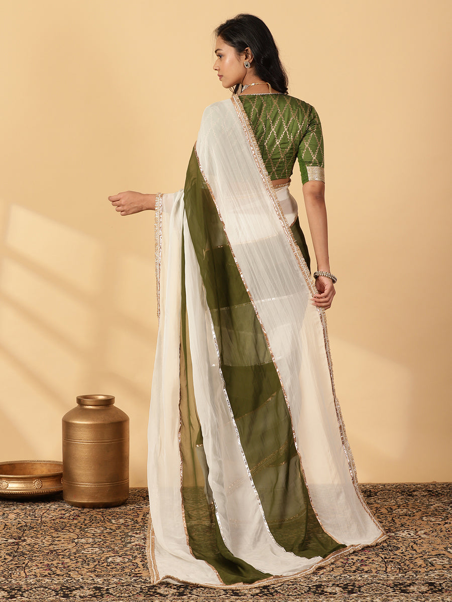 Harvest Green & Frost White Viscose Organza Multi Panelled Saree With Designer Lace, in Green Viscose Organza (view 2).