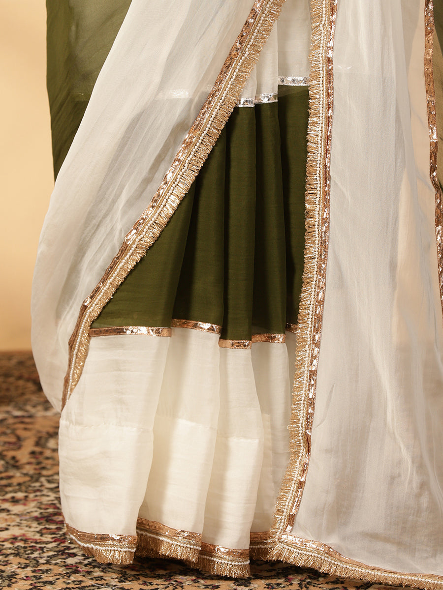 Harvest Green & Frost White Viscose Organza Multi Panelled Saree With Designer Lace, in Green Viscose Organza (view 7).