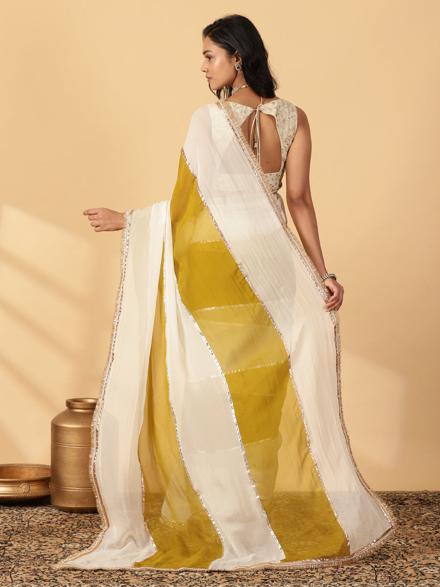 Amber Olive & Frost White Viscose Organza Multi Panelled Saree With Designer Lace, in Green Viscose Organza (view 2).