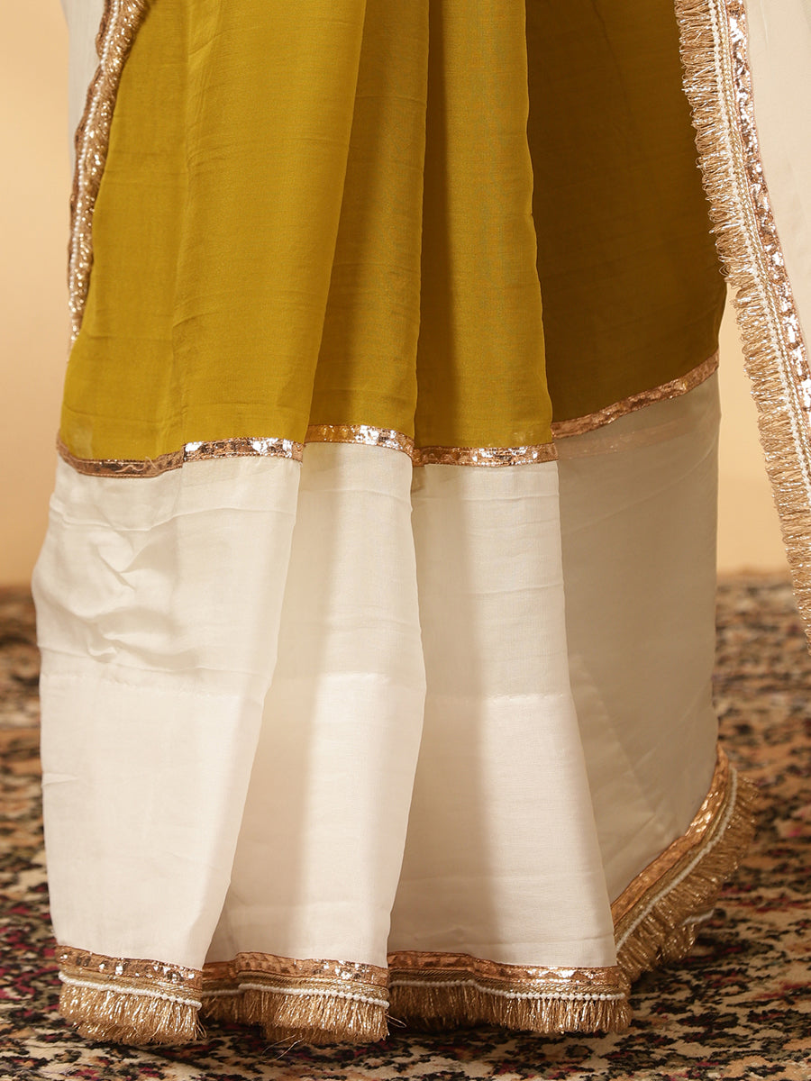 Amber Olive & Frost White Viscose Organza Multi Panelled Saree With Designer Lace, in Green Viscose Organza (view 5).