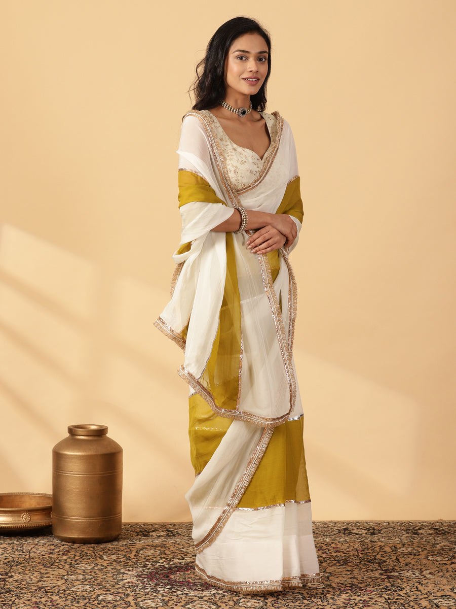 Amber Olive & Frost White Viscose Organza Multi Panelled Saree With Designer Lace, in Green Viscose Organza (view 7).