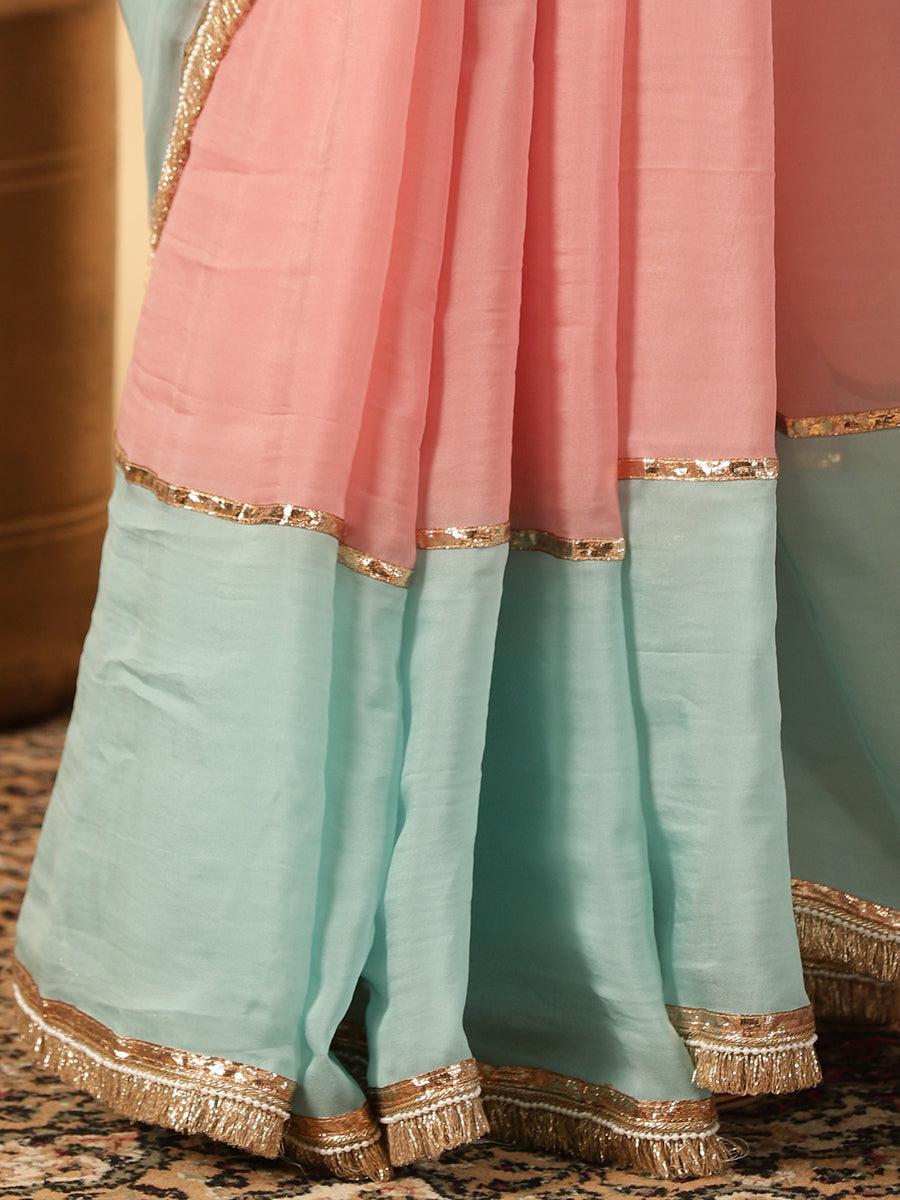 Cloudy Pink & Powder Blue Viscose Organza Multi Panelled Saree With Designer Lace, in Multicolour Viscose Organza (view 5).