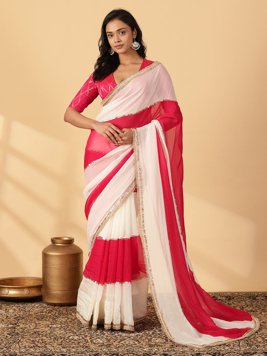 Pink Rush & Frost White Viscose Organza Multi Panelled Saree With Designer Lace, in Pink Viscose Organza.