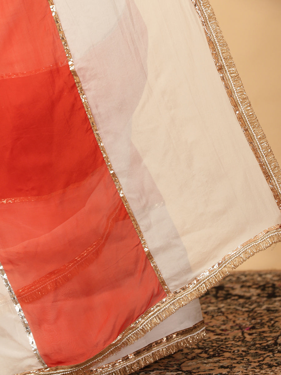 Candy Orange & Frost White Viscose Organza Multi Panelled Saree With Designer Lace, in Orange Viscose Organza (view 4).