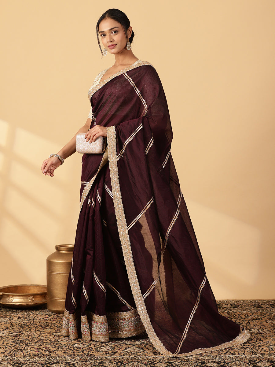Black Chandheri Heritage Gota Work Saree With Designer Embroidered Lace Work, in Black Chandheri, made for party & festive.