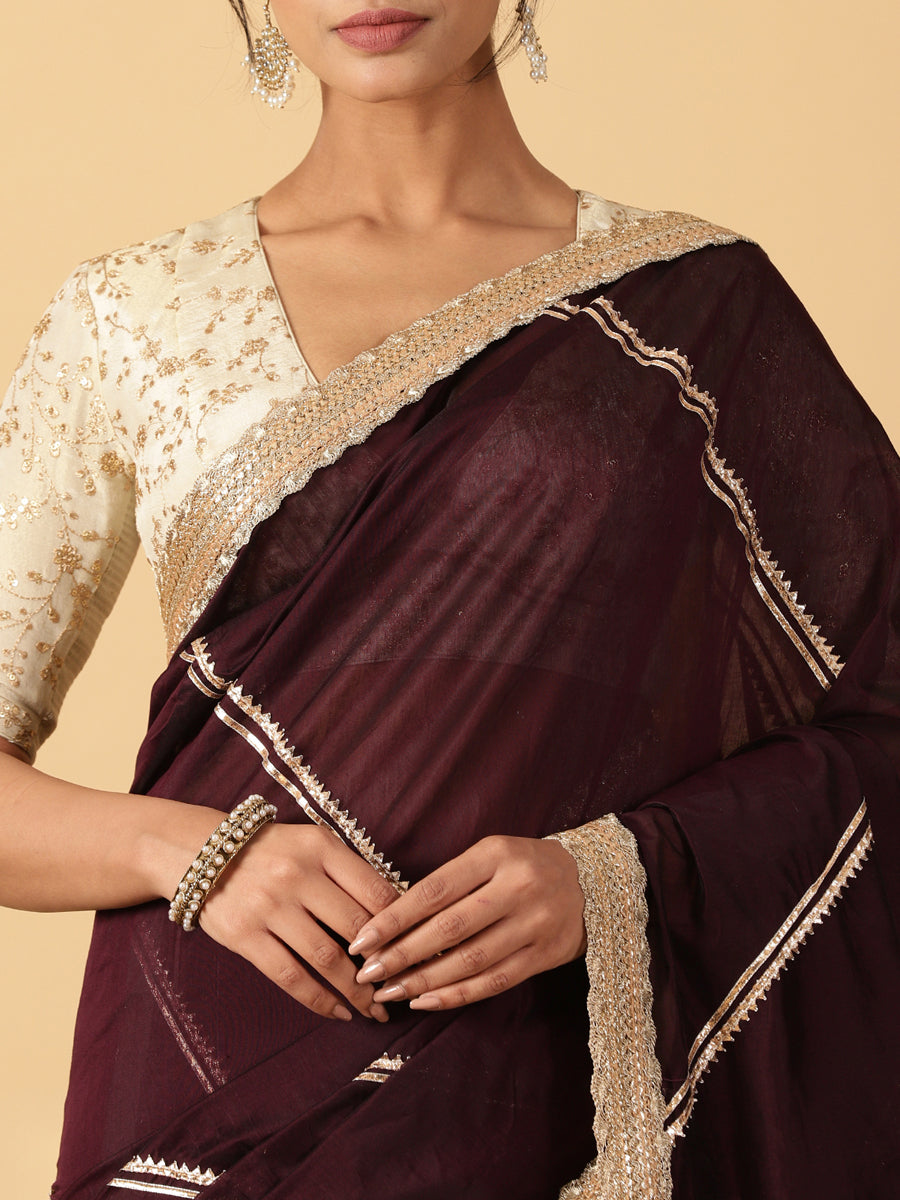 Black Chandheri Heritage Gota Work Saree With Designer Embroidered Lace Work, in Black Chandheri, made for party & festive.