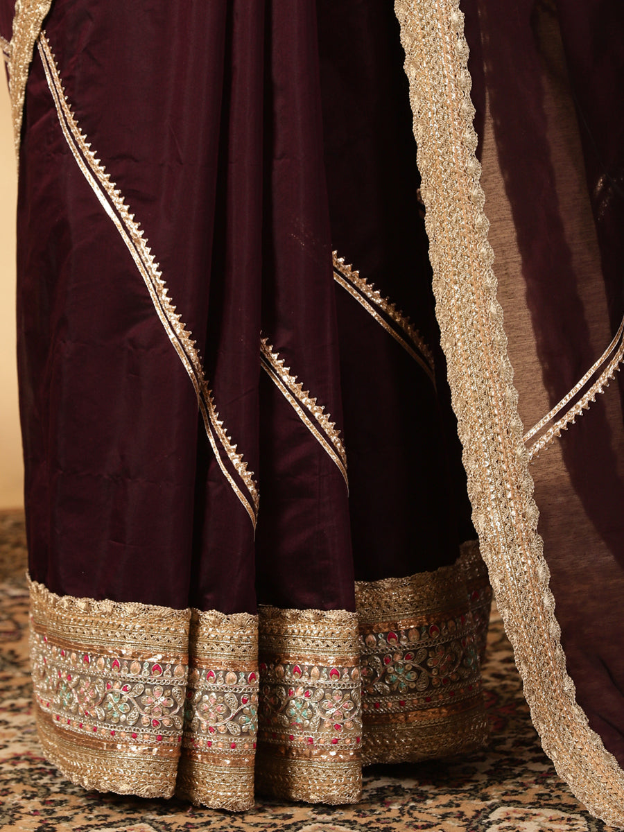 Black Chandheri Heritage Gota Work Saree With Designer Embroidered Lace Work, in Black Chandheri, made for party & festive.