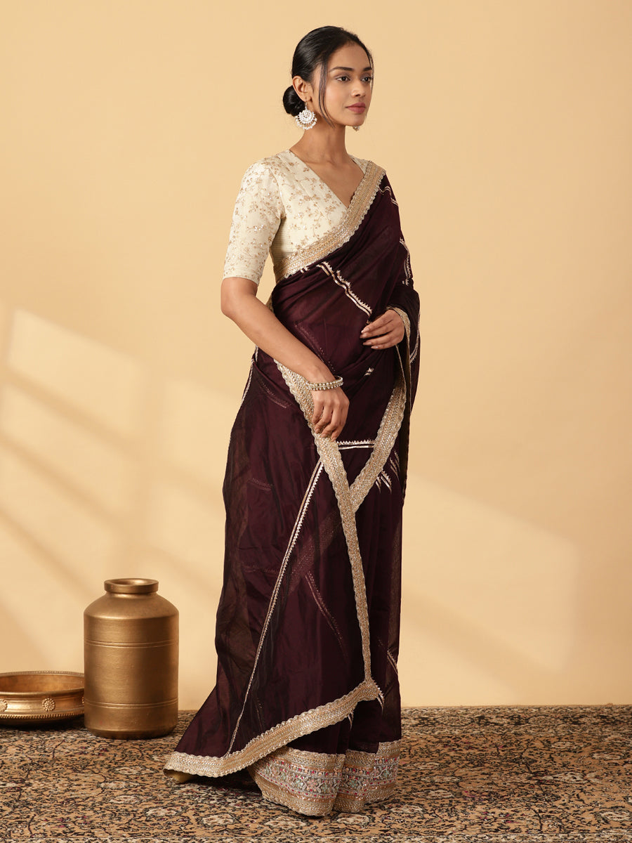 Black Chandheri Heritage Gota Work Saree With Designer Embroidered Lace Work, in Black Chandheri, made for party & festive.