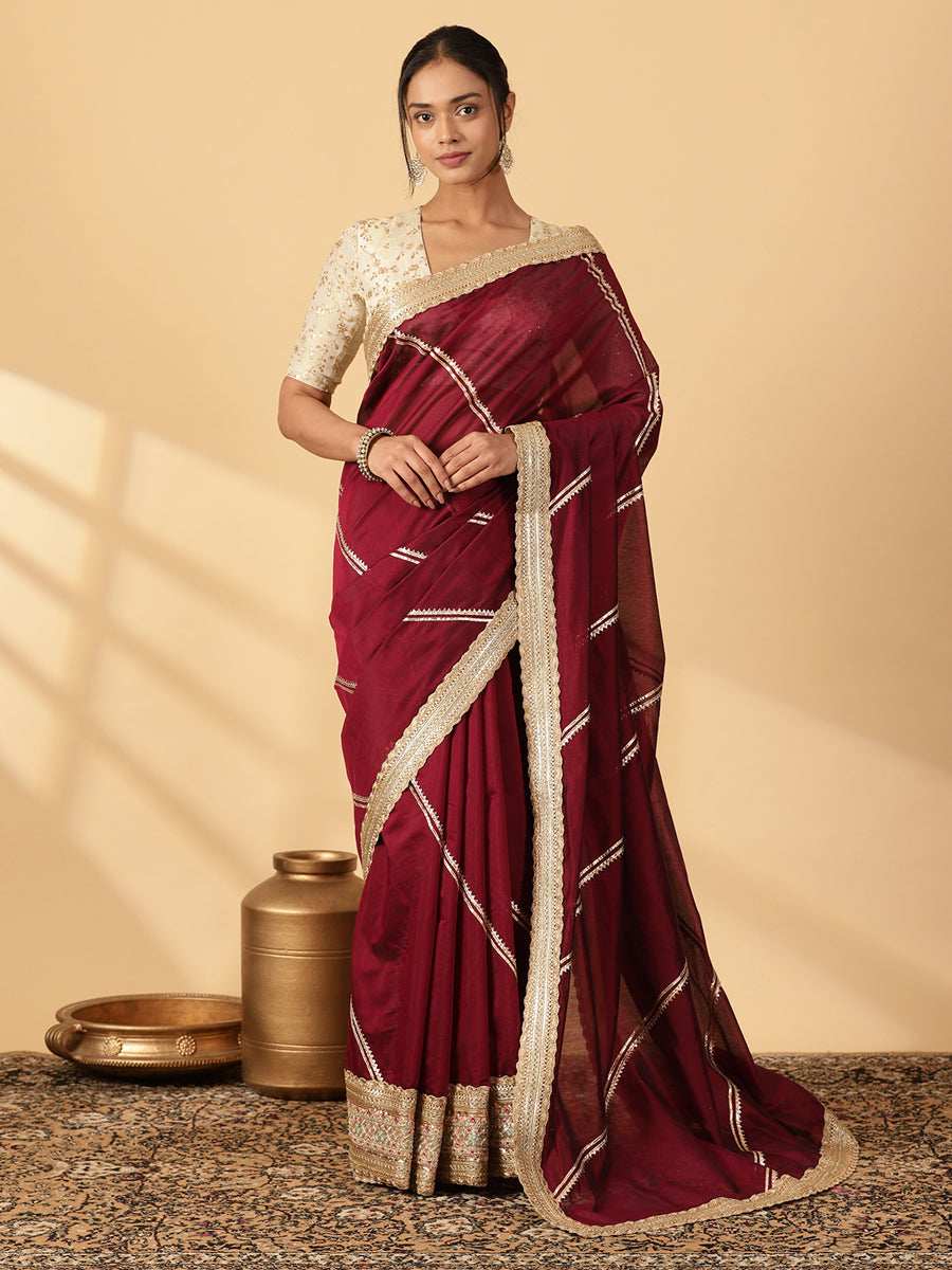 Deep Burgundy Chandheri Heritage Gota Work Saree With Designer Embroidered Lace Work
