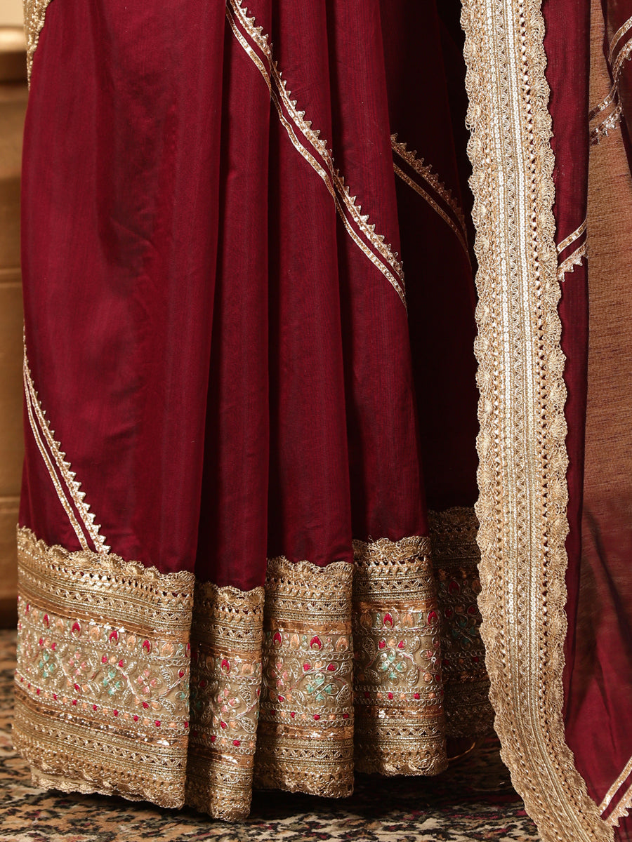 Deep Burgundy Chandheri Heritage Gota Work Saree With Designer Embroidered Lace Work, in Maroon Chandheri (view 4).