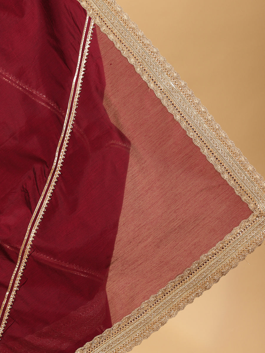 Deep Burgundy Chandheri Heritage Gota Work Saree With Designer Embroidered Lace Work, in Maroon Chandheri (view 5).