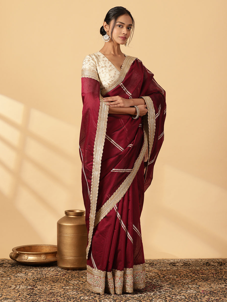 Deep Burgundy Chandheri Heritage Gota Work Saree With Designer Embroidered Lace Work, in Maroon Chandheri (view 6).
