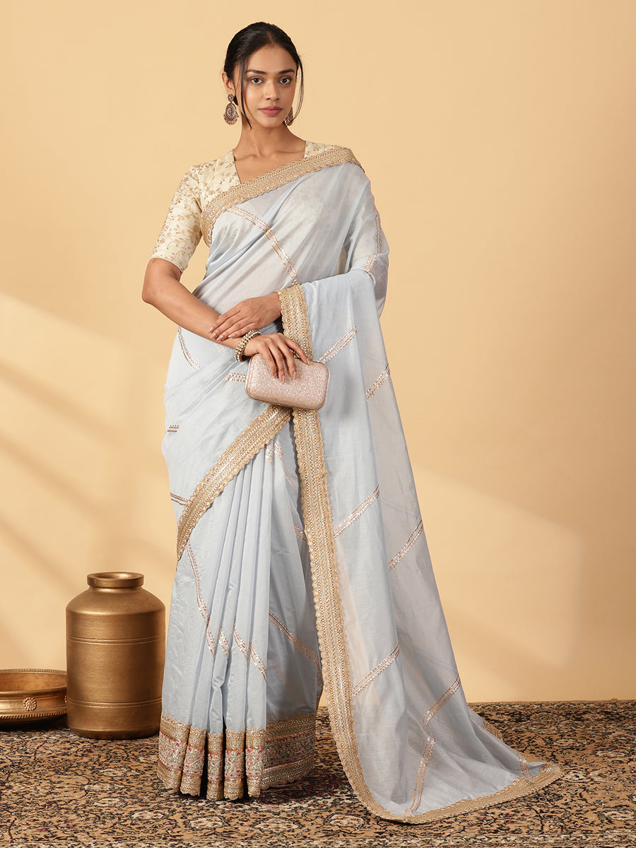 Powder Blue Chandheri Heritage Gota Work Saree With Designer Embroidered Lace Work, in Blue Chandheri (view 3).