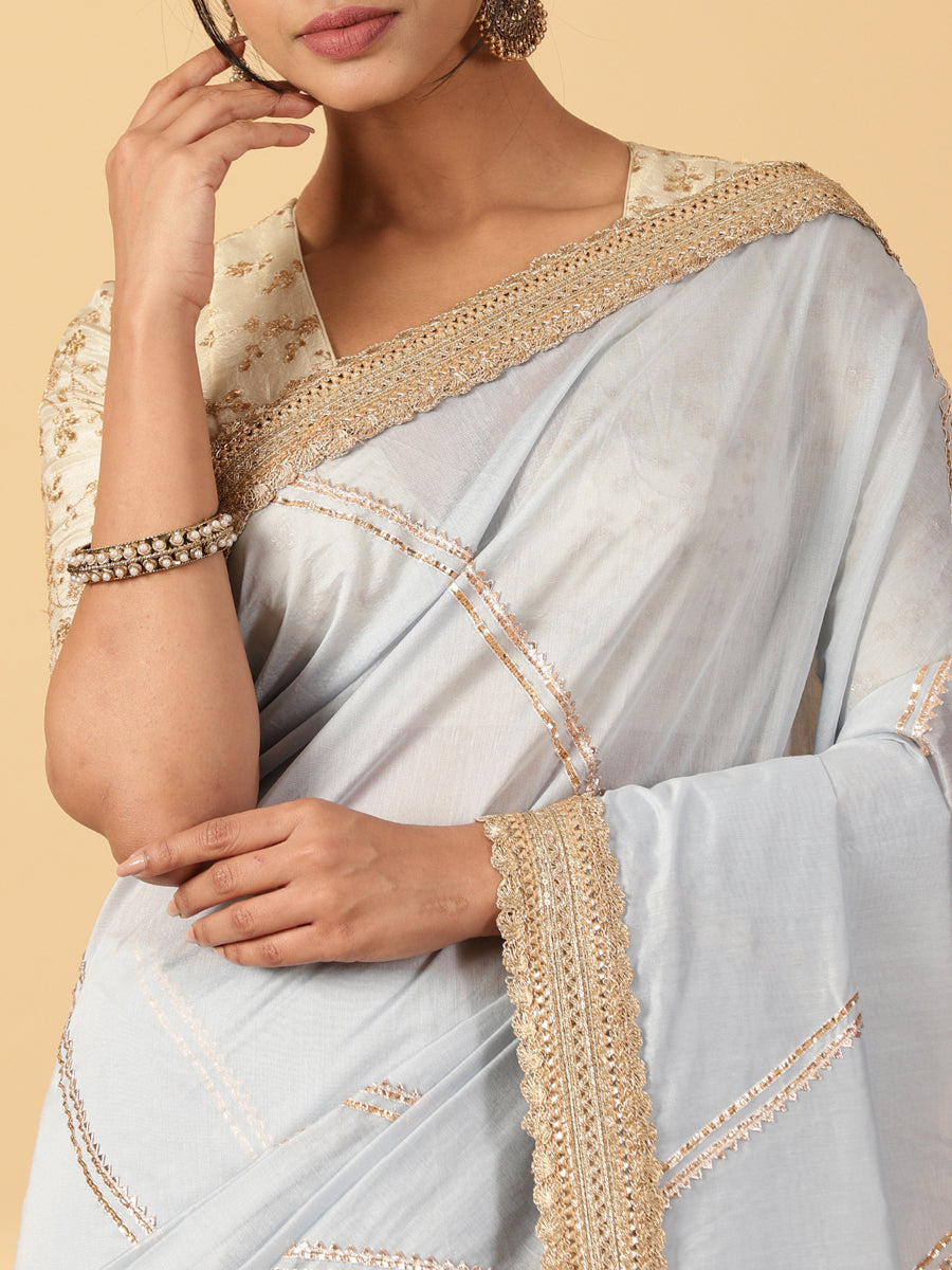 Powder Blue Chandheri Heritage Gota Work Saree With Designer Embroidered Lace Work, in Blue Chandheri (view 4).