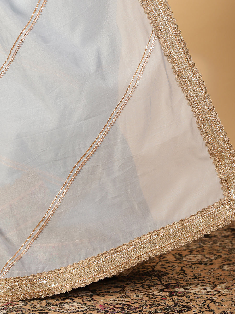 Powder Blue Chandheri Heritage Gota Work Saree With Designer Embroidered Lace Work, in Blue Chandheri (view 6).
