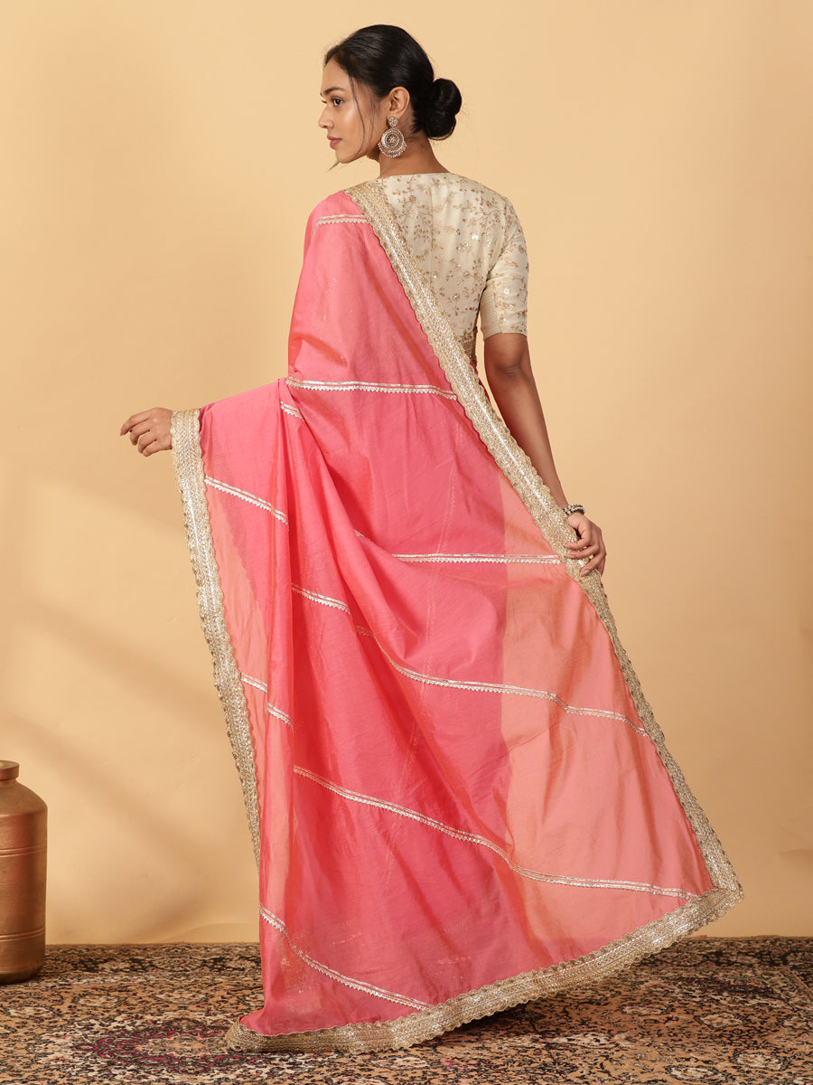 Rose Pink Chandheri Heritage Gota Work Saree With Designer Embroidered Lace Work, in Pink Chandheri (view 2).