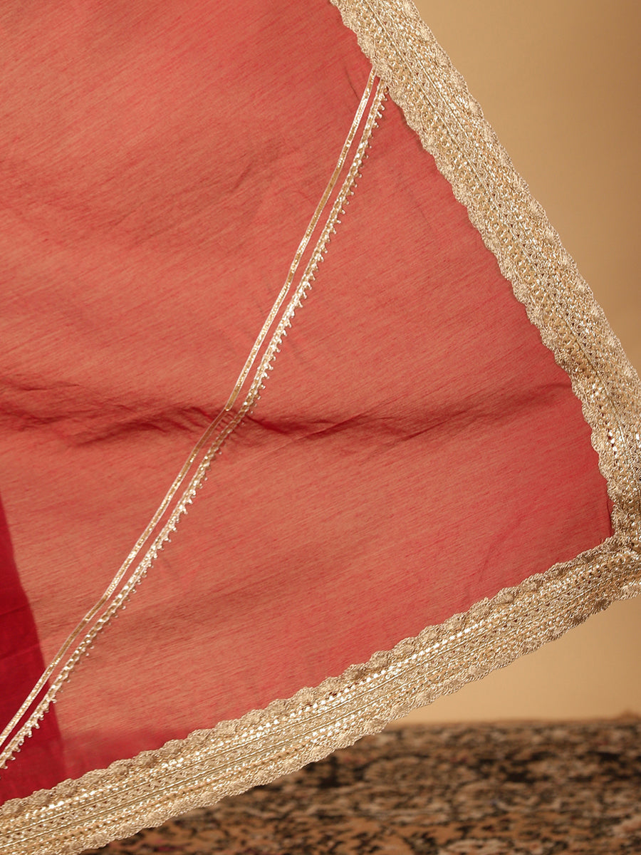 Velvet Red Chandheri Heritage Gota Work Saree With Designer Embroidered Lace Work, in Red Chandheri (view 6).