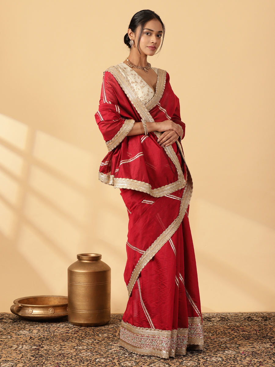 Velvet Red Chandheri Heritage Gota Work Saree With Designer Embroidered Lace Work, in Red Chandheri (view 7).