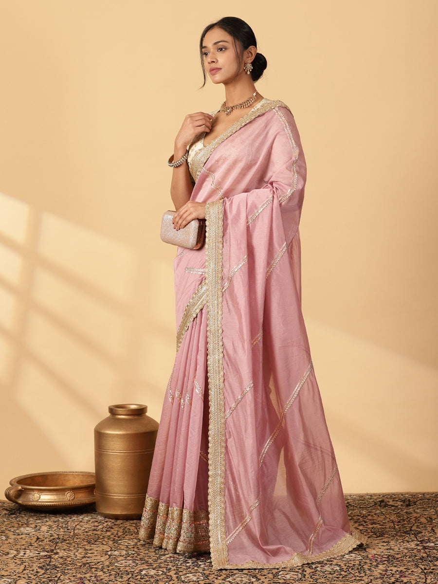 Lavender Chandheri Heritage Gota Work Saree With Designer Embroidered Lace Work, in Pink Chandheri, made for party & festive.