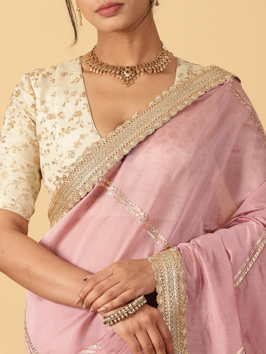 Lavender Chandheri Heritage Gota Work Saree With Designer Embroidered Lace Work, in Pink Chandheri, made for party & festive.