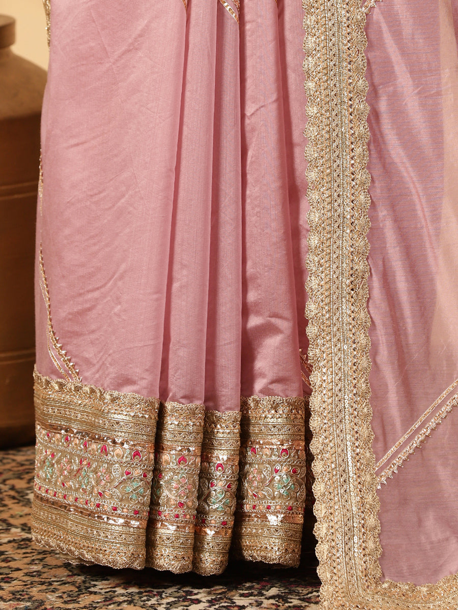 Lavender Chandheri Heritage Gota Work Saree With Designer Embroidered Lace Work, in Pink Chandheri, made for party & festive.