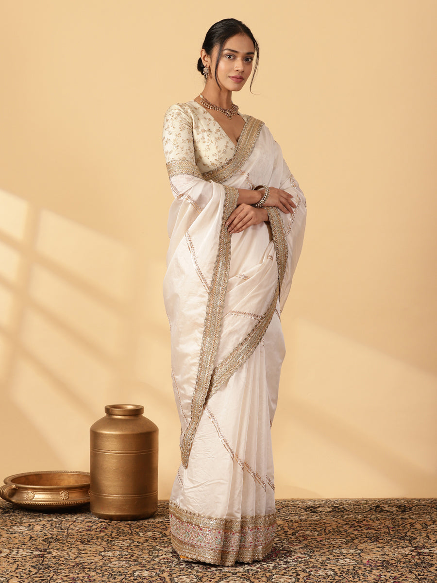 Cream Chandheri Heritage Gota Work Saree With Designer Embroidered Lace Work, in White Chandheri, made for party & festive.