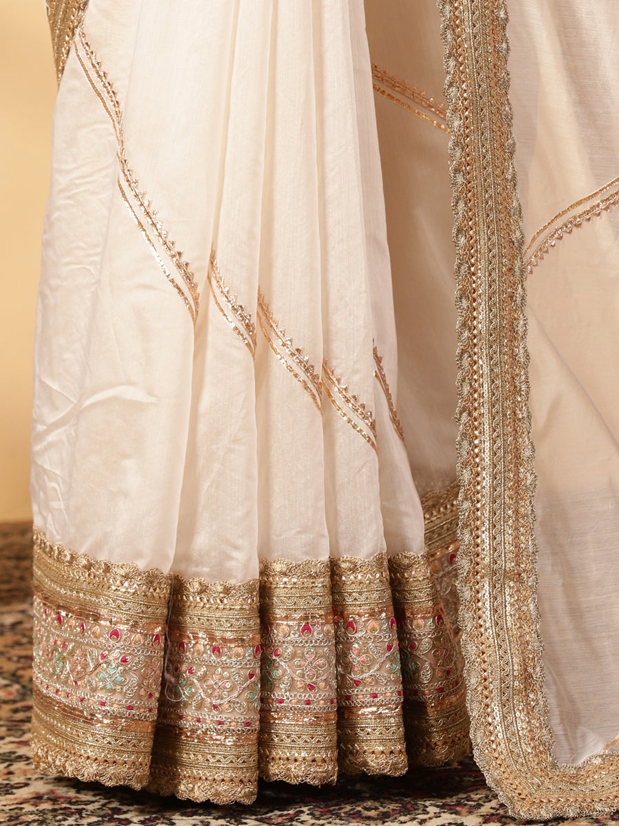 Cream Chandheri Heritage Gota Work Saree With Designer Embroidered Lace Work, in White Chandheri, made for party & festive.