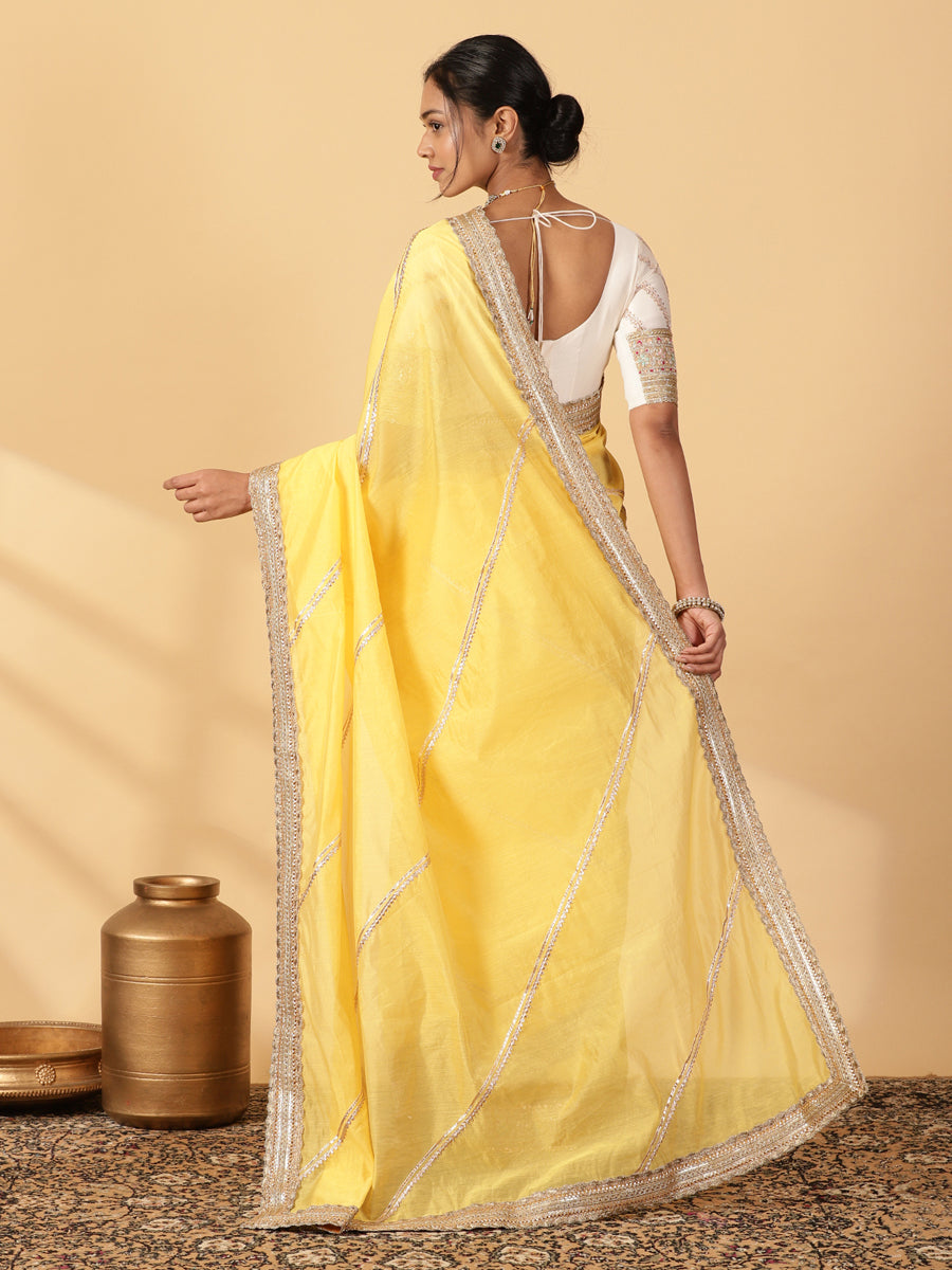 Sunny Yellow Chandheri Heritage Gota Work Saree With Designer Embroidered Lace Work, in Yellow Chandheri (view 2).