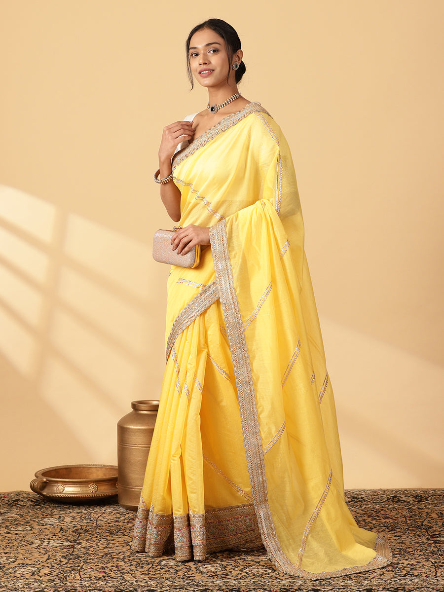 Sunny Yellow Chandheri Heritage Gota Work Saree With Designer Embroidered Lace Work, in Yellow Chandheri (view 3).