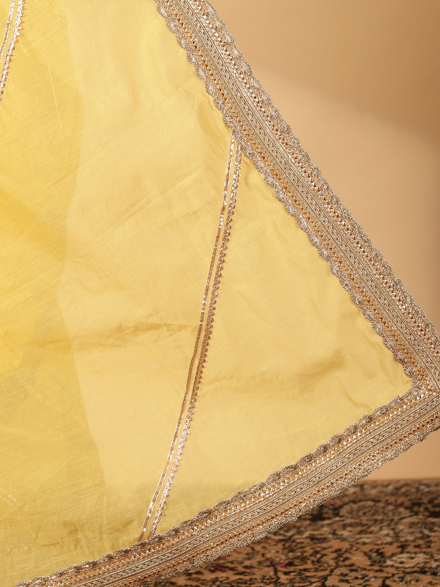 Sunny Yellow Chandheri Heritage Gota Work Saree With Designer Embroidered Lace Work, in Yellow Chandheri (view 6).